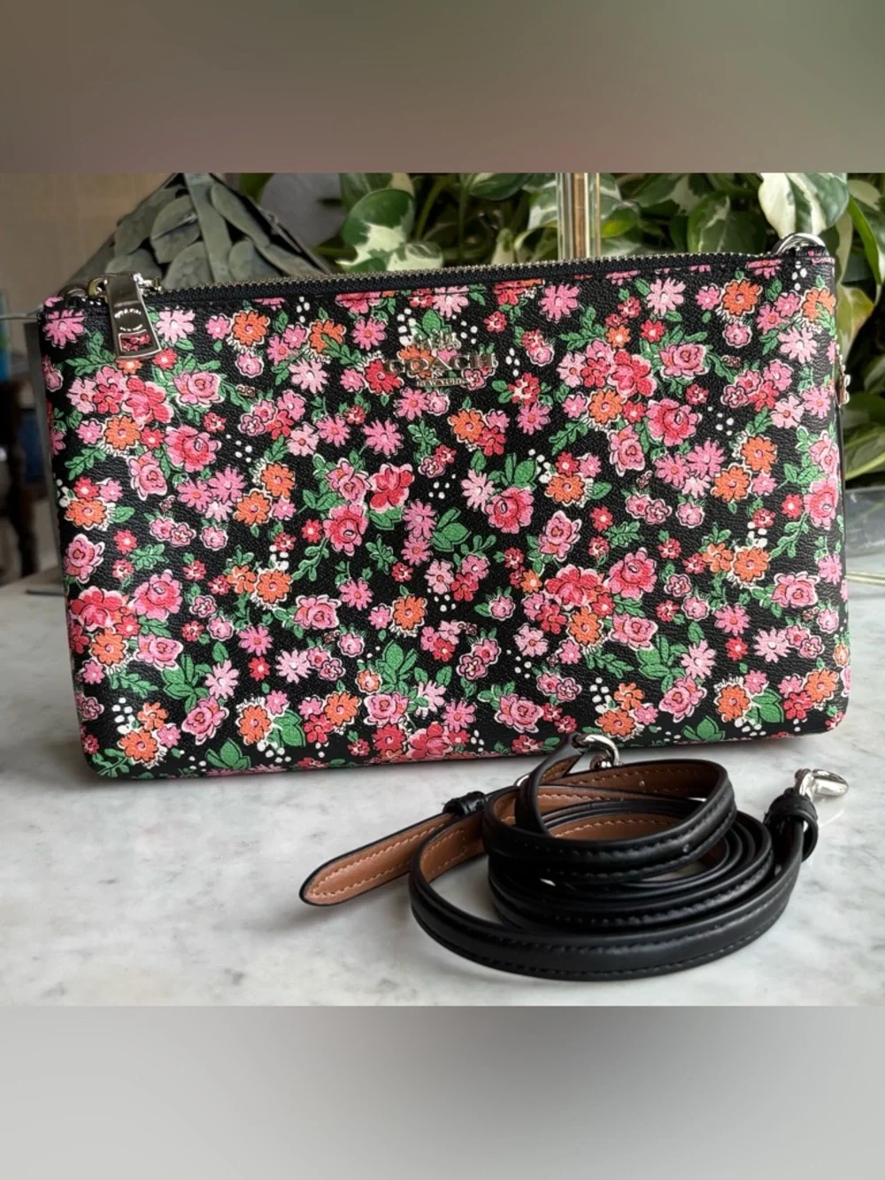Coach Black Floral Crossbody with Pink, Red, Orange Flowers - Picture 1 of 7